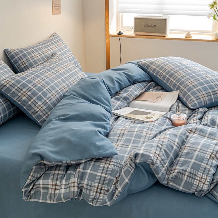 91家纺网 家纺一手货源 找家纺 米瑞娜 2024新款无印风四件套格子条纹水洗棉四件套 暖阳-蓝