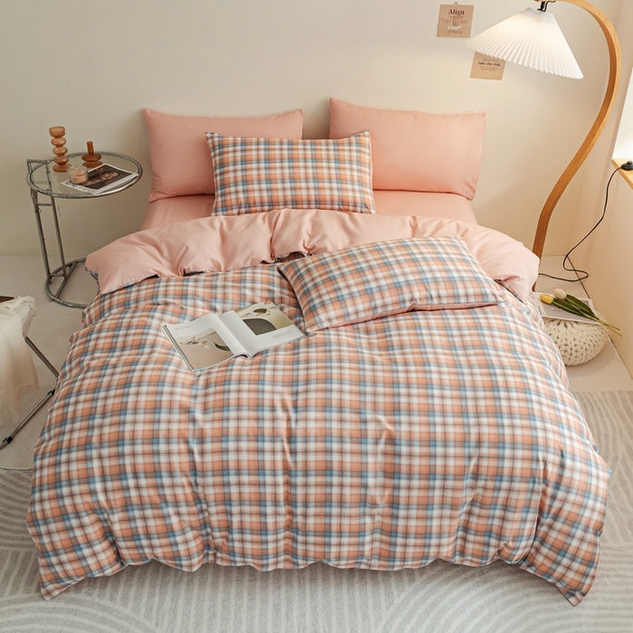 91家纺网 家纺一手货源 找家纺 米瑞娜 2024新款无印风四件套格子条纹水洗棉四件套 星空-桔