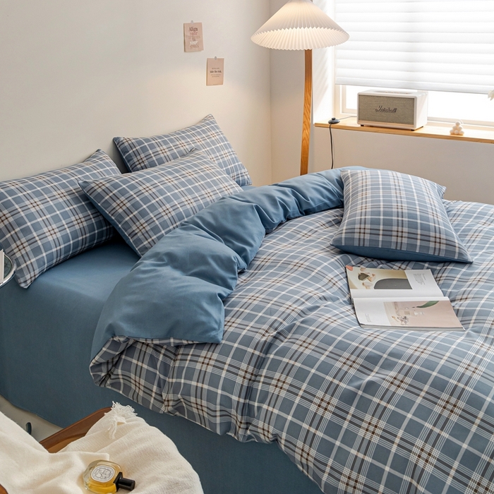 91家纺网 家纺一手货源 找家纺 米瑞娜 2024新款无印风四件套格子条纹水洗棉四件套 暖阳-蓝