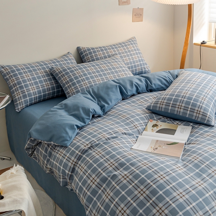 91家纺网 家纺一手货源 找家纺 米瑞娜 2024新款无印风四件套格子条纹水洗棉四件套 暖阳-蓝
