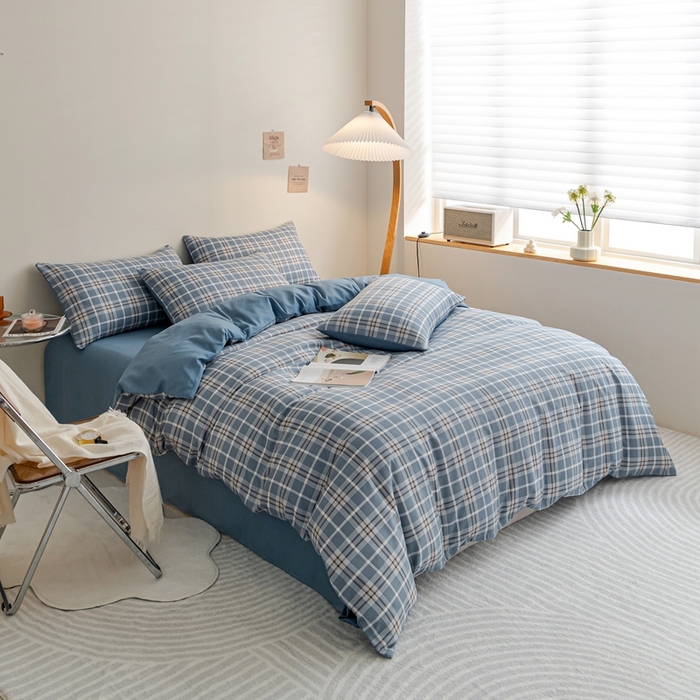 91家纺网 家纺一手货源 找家纺 米瑞娜 2024新款无印风四件套格子条纹水洗棉四件套 暖阳-蓝