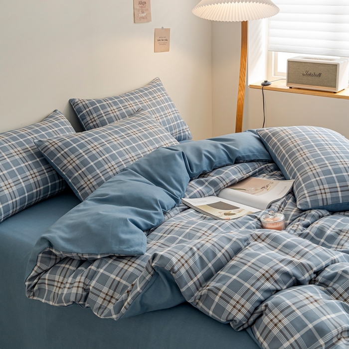 91家纺网 家纺一手货源 找家纺 米瑞娜 2024新款无印风四件套格子条纹水洗棉四件套 暖阳-蓝