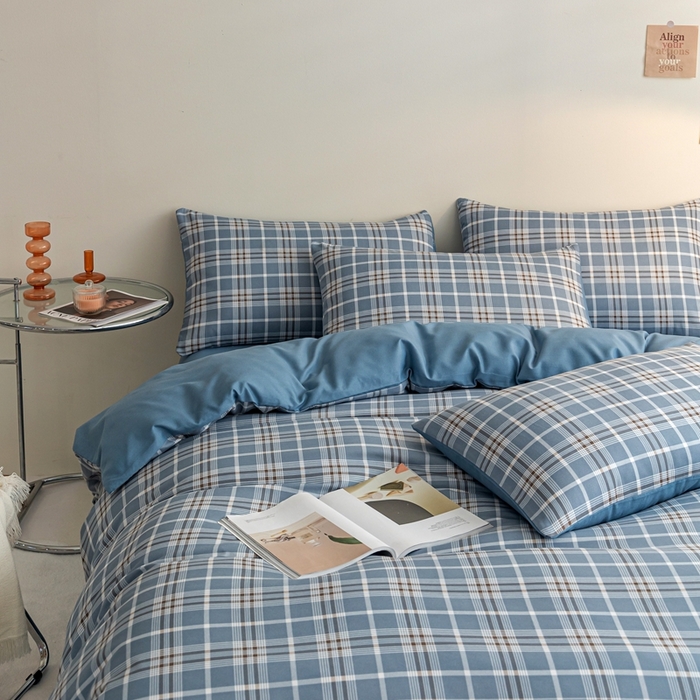 91家纺网 家纺一手货源 找家纺 米瑞娜 2024新款无印风四件套格子条纹水洗棉四件套 暖阳-蓝