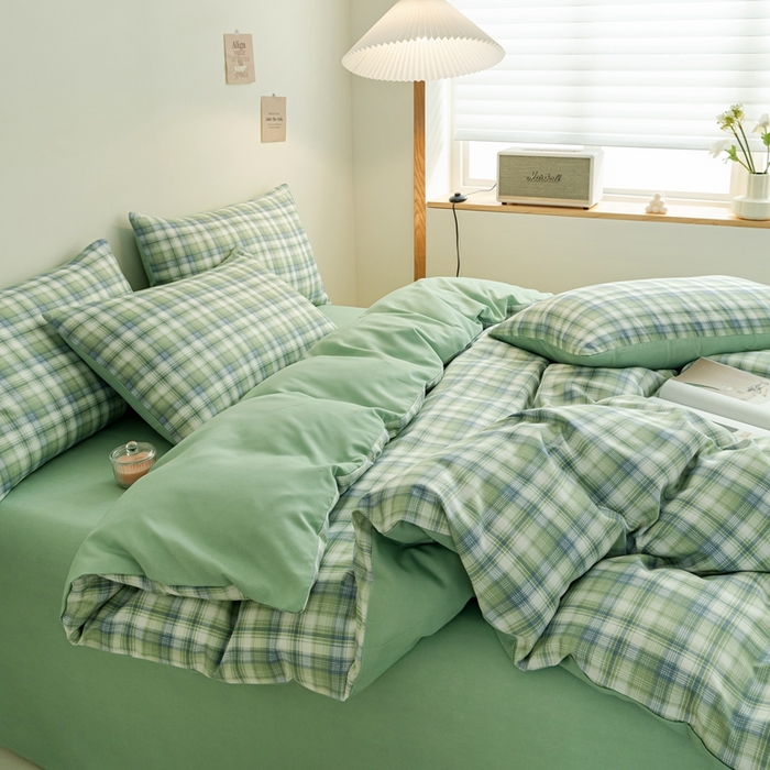 91家纺网 家纺一手货源 找家纺 米瑞娜 2024新款无印风四件套格子条纹水洗棉四件套 星空绿