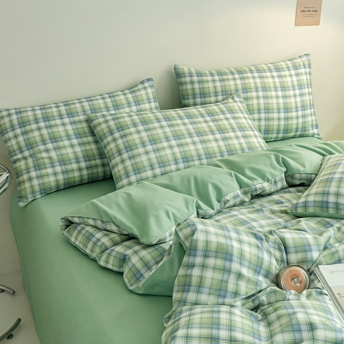 91家纺网 家纺一手货源 找家纺 米瑞娜 2024新款无印风四件套格子条纹水洗棉四件套 星空绿