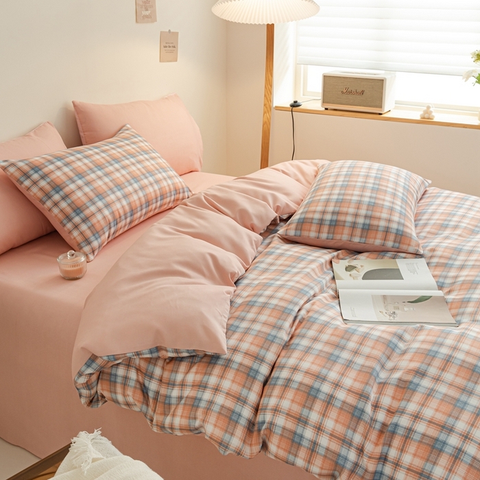 91家纺网 家纺一手货源 找家纺 米瑞娜 2024新款无印风四件套格子条纹水洗棉四件套 星空-桔