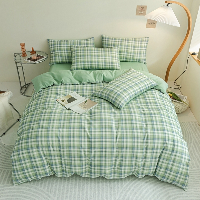 91家纺网 家纺一手货源 找家纺 米瑞娜 2024新款无印风四件套格子条纹水洗棉四件套 星空绿