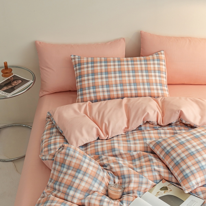 91家纺网 家纺一手货源 找家纺 米瑞娜 2024新款无印风四件套格子条纹水洗棉四件套 星空-桔