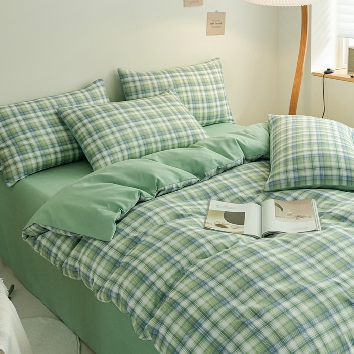 91家纺网 家纺一手货源 找家纺 米瑞娜 2024新款无印风四件套格子条纹水洗棉四件套 星空绿