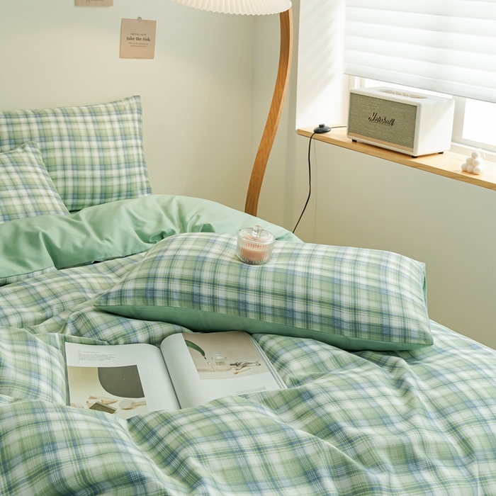 91家纺网 家纺一手货源 找家纺 米瑞娜 2024新款无印风四件套格子条纹水洗棉四件套 星空绿