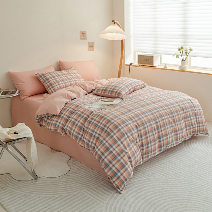 91家纺网 家纺一手货源 找家纺 米瑞娜 2024新款无印风四件套格子条纹水洗棉四件套 星空-桔