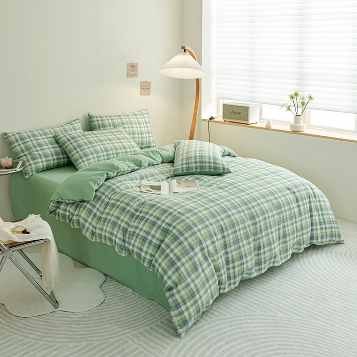 91家纺网 家纺一手货源 找家纺 米瑞娜 2024新款无印风四件套格子条纹水洗棉四件套 星空绿