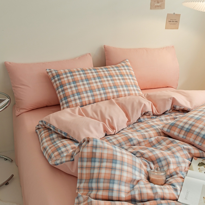 91家纺网 家纺一手货源 找家纺 米瑞娜 2024新款无印风四件套格子条纹水洗棉四件套 星空-桔