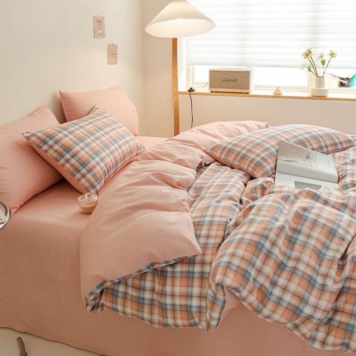 91家纺网 家纺一手货源 找家纺 米瑞娜 2024新款无印风四件套格子条纹水洗棉四件套 星空-桔