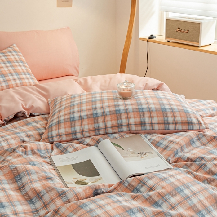 91家纺网 家纺一手货源 找家纺 米瑞娜 2024新款无印风四件套格子条纹水洗棉四件套 星空-桔