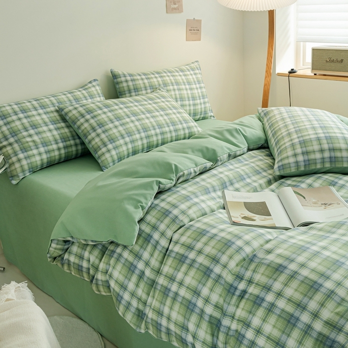 91家纺网 家纺一手货源 找家纺 米瑞娜 2024新款无印风四件套格子条纹水洗棉四件套 星空绿