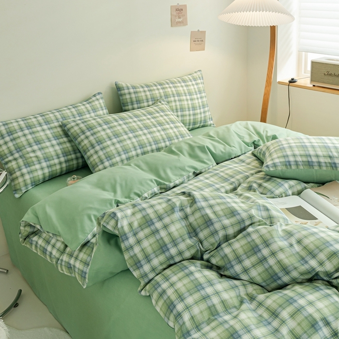 91家纺网 家纺一手货源 找家纺 米瑞娜 2024新款无印风四件套格子条纹水洗棉四件套 星空绿