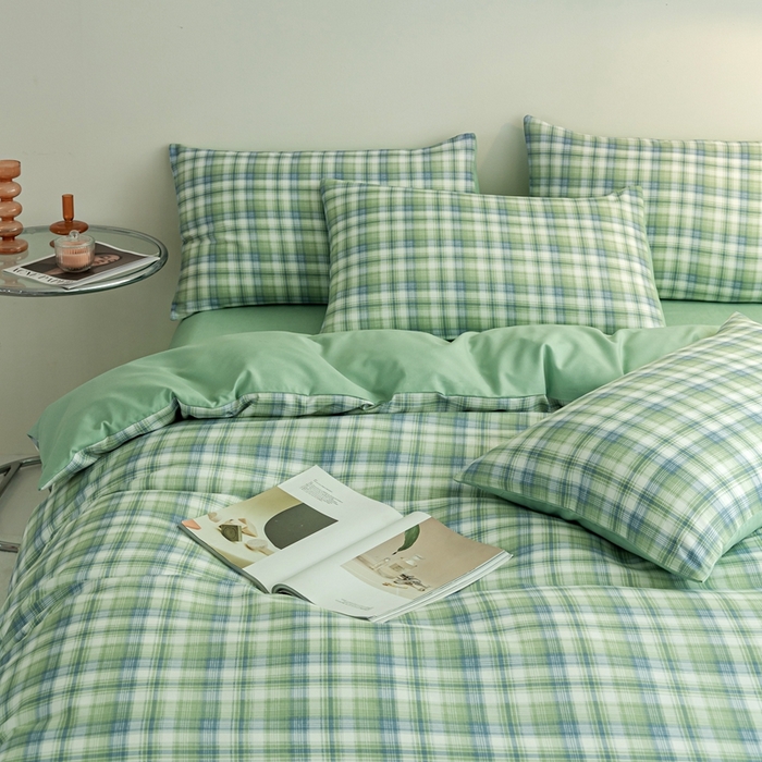 91家纺网 家纺一手货源 找家纺 米瑞娜 2024新款无印风四件套格子条纹水洗棉四件套 星空绿