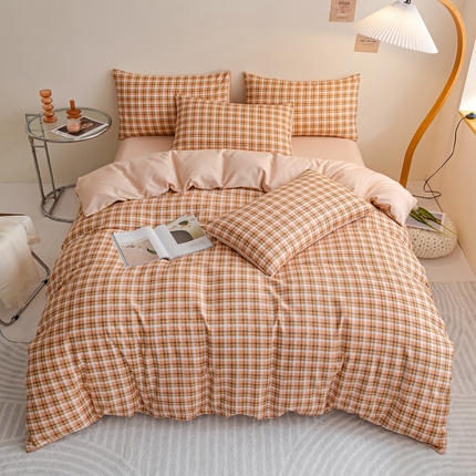 91家纺网 家纺一手货源 找家纺 米瑞娜 2024新款无印风四件套格子条纹水洗棉四件套 简兮-桔