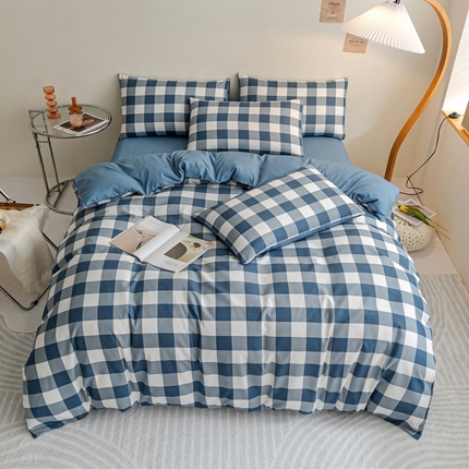 91家纺网 家纺一手货源 找家纺 米瑞娜 2024新款无印风四件套格子条纹水洗棉四件套 蓝白中格