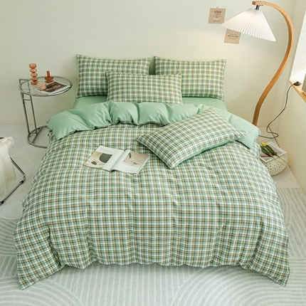 91家纺网 家纺一手货源 找家纺 米瑞娜 2024新款无印风四件套格子条纹水洗棉四件套 简兮-绿