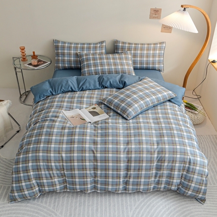 91家纺网 家纺一手货源 找家纺 米瑞娜 2024新款无印风四件套格子条纹水洗棉四件套 简兮-蓝