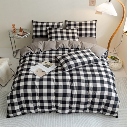 91家纺网 家纺一手货源 找家纺 米瑞娜 2024新款无印风四件套格子条纹水洗棉四件套 黑白中格
