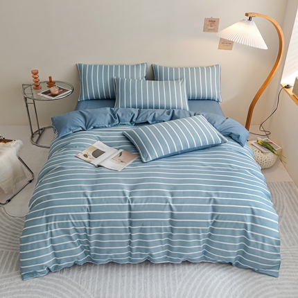 91家纺网 家纺一手货源 找家纺 米瑞娜 2024新款无印风四件套格子条纹水洗棉四件套 蓝条纹
