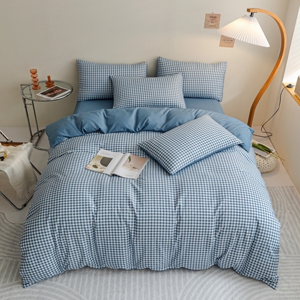 91家纺网 家纺一手货源 找家纺 米瑞娜 2024新款无印风四件套格子条纹水洗棉四件套 蓝小格