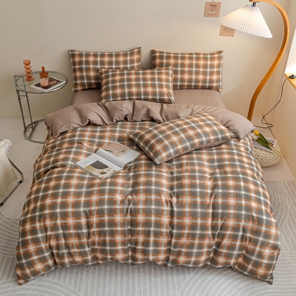 91家纺网 家纺一手货源 找家纺 米瑞娜 2024新款无印风四件套格子条纹水洗棉四件套 洛卡-咖