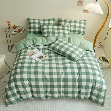 91家纺网 家纺一手货源 找家纺 米瑞娜 2024新款无印风四件套格子条纹水洗棉四件套 绿白中格