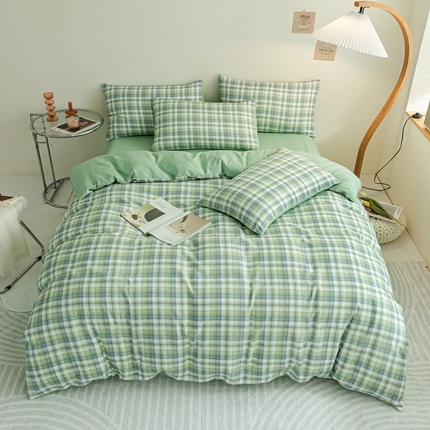 91家纺网 家纺一手货源 找家纺 米瑞娜 2024新款无印风四件套格子条纹水洗棉四件套 星空绿