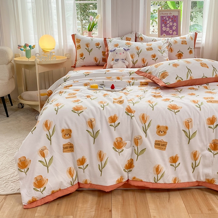 91家纺网 家纺一手货源 找家纺 梦之岛 2023新款A类母婴级双层纱水洗棉麻夏凉被四件套 可爱熊