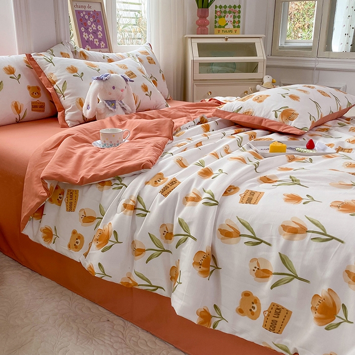 91家纺网 家纺一手货源 找家纺 梦之岛 2023新款A类母婴级双层纱水洗棉麻夏凉被四件套 可爱熊