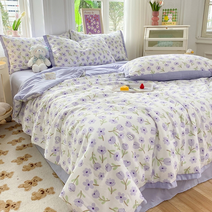 91家纺网 家纺一手货源 找家纺 梦之岛 2023新款A类母婴级双层纱水洗棉麻夏凉被四件套 夏朵