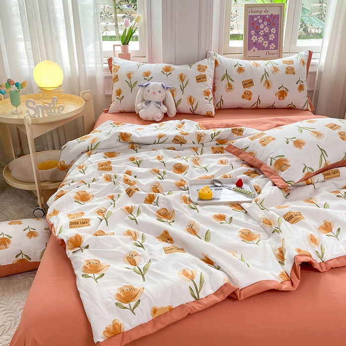 91家纺网 家纺一手货源 找家纺 梦之岛 2023新款A类母婴级双层纱水洗棉麻夏凉被四件套 可爱熊