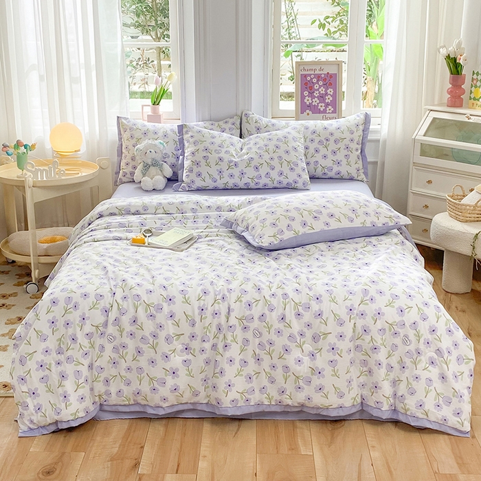 91家纺网 家纺一手货源 找家纺 梦之岛 2023新款A类母婴级双层纱水洗棉麻夏凉被四件套 夏朵