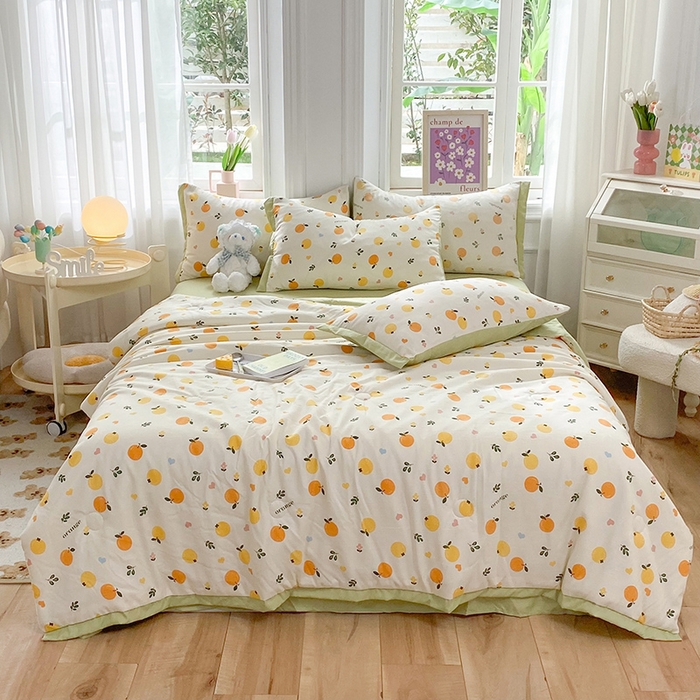 91家纺网 家纺一手货源 找家纺 梦之岛 2023新款A类母婴级双层纱水洗棉麻夏凉被四件套 小柠檬