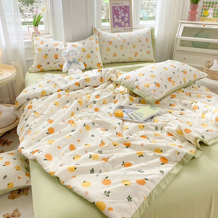 91家纺网 家纺一手货源 找家纺 梦之岛 2023新款A类母婴级双层纱水洗棉麻夏凉被四件套 小柠檬