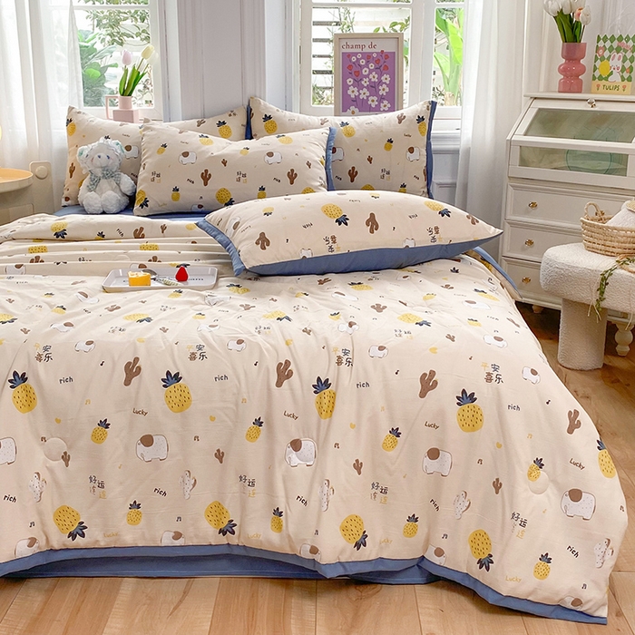 91家纺网 家纺一手货源 找家纺 梦之岛 2023新款A类母婴级双层纱水洗棉麻夏凉被四件套 小菠萝