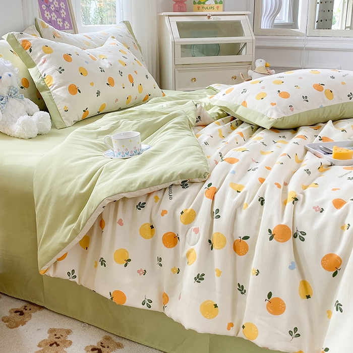 91家纺网 家纺一手货源 找家纺 梦之岛 2023新款A类母婴级双层纱水洗棉麻夏凉被四件套 小柠檬