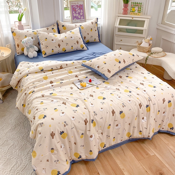 91家纺网 家纺一手货源 找家纺 梦之岛 2023新款A类母婴级双层纱水洗棉麻夏凉被四件套 小菠萝