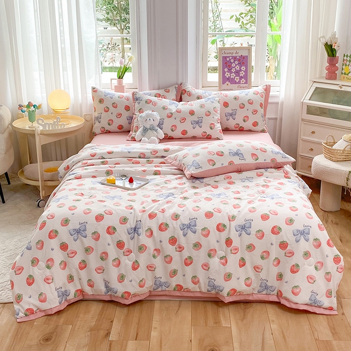 91家纺网 家纺一手货源 找家纺 梦之岛 2023新款A类母婴级双层纱水洗棉麻夏凉被四件套 爱丽丝