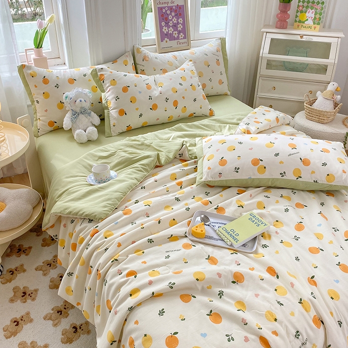 91家纺网 家纺一手货源 找家纺 梦之岛 2023新款A类母婴级双层纱水洗棉麻夏凉被四件套 小柠檬