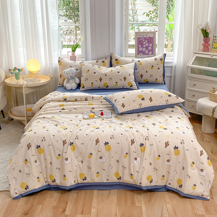 91家纺网 家纺一手货源 找家纺 梦之岛 2023新款A类母婴级双层纱水洗棉麻夏凉被四件套 小菠萝