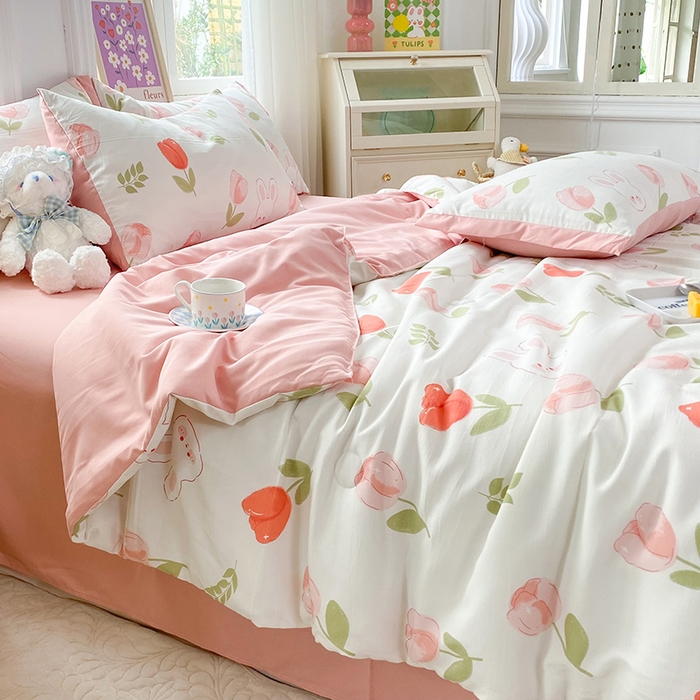 91家纺网 家纺一手货源 找家纺 梦之岛 2023新款A类母婴级双层纱水洗棉麻夏凉被四件套 甜心兔