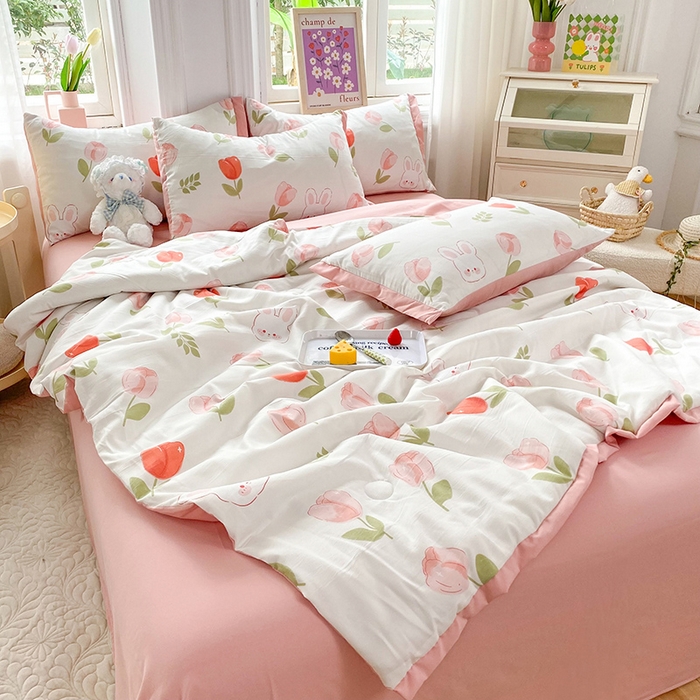 91家纺网 家纺一手货源 找家纺 梦之岛 2023新款A类母婴级双层纱水洗棉麻夏凉被四件套 甜心兔