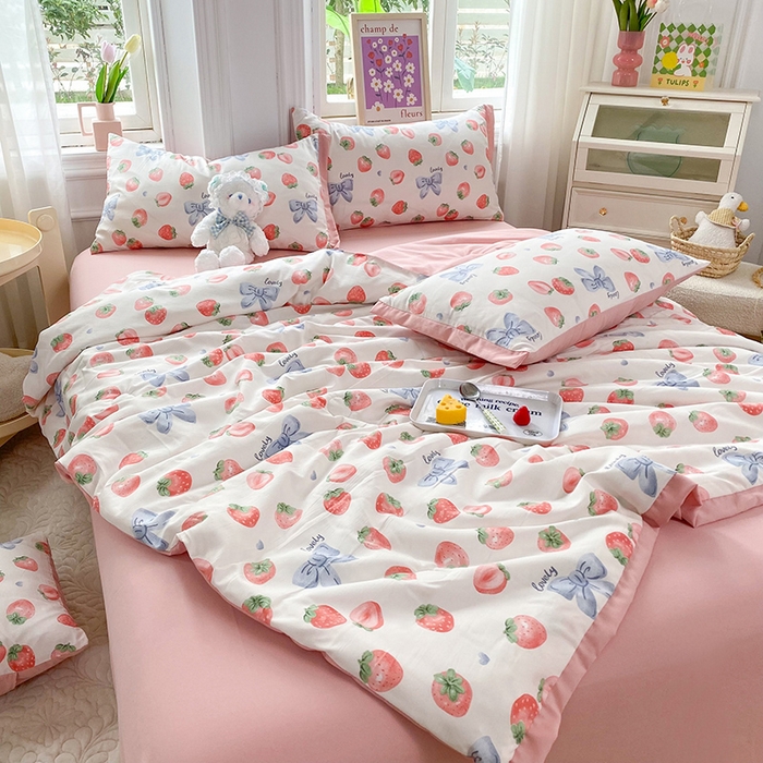 91家纺网 家纺一手货源 找家纺 梦之岛 2023新款A类母婴级双层纱水洗棉麻夏凉被四件套 爱丽丝