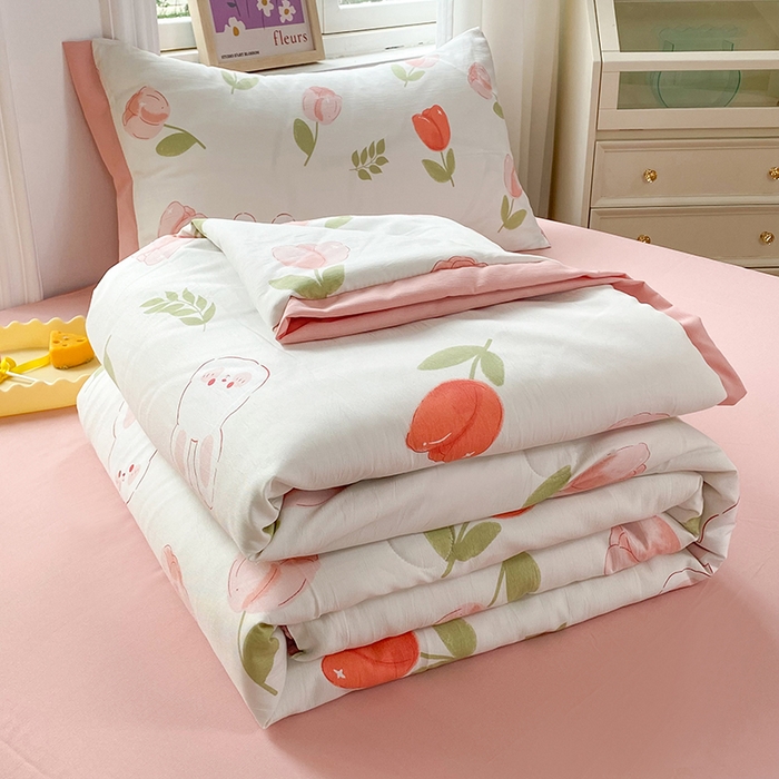 91家纺网 家纺一手货源 找家纺 梦之岛 2023新款A类母婴级双层纱水洗棉麻夏凉被四件套 甜心兔