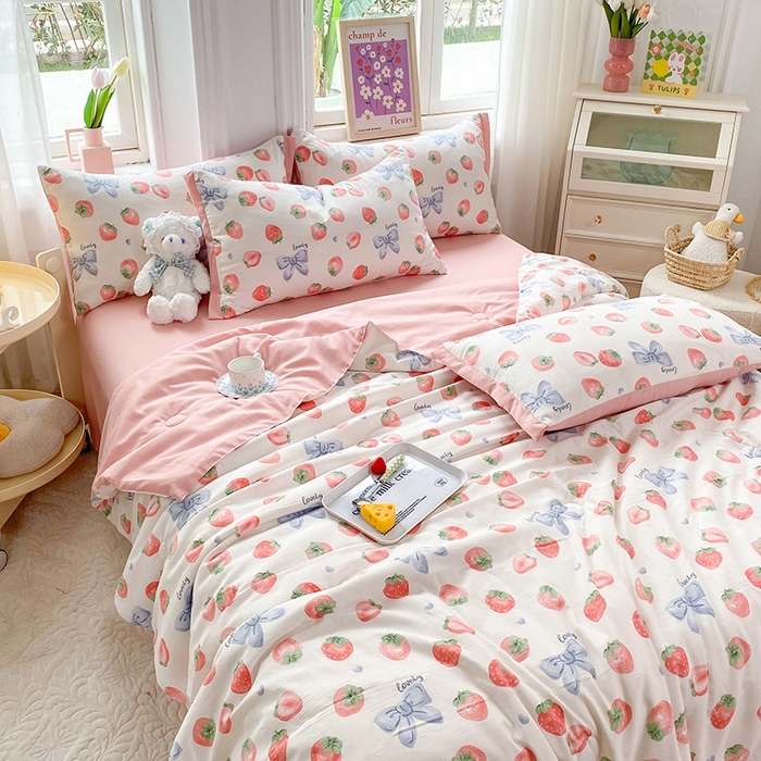 91家纺网 家纺一手货源 找家纺 梦之岛 2023新款A类母婴级双层纱水洗棉麻夏凉被四件套 爱丽丝